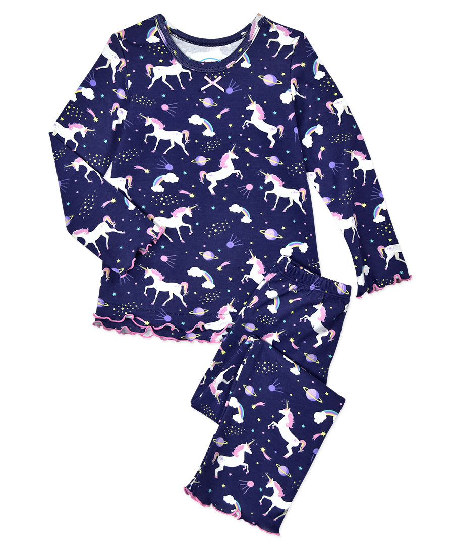 Sara's Prints Girls Ruffle Top & Pant Pajama Set Unicorn