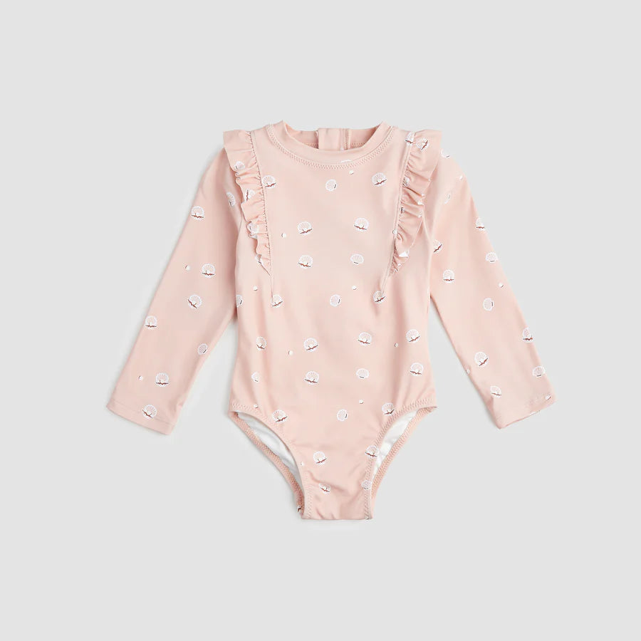 Miles the Label Peach Shell Print on Pink Long Sleeve Swimsuit