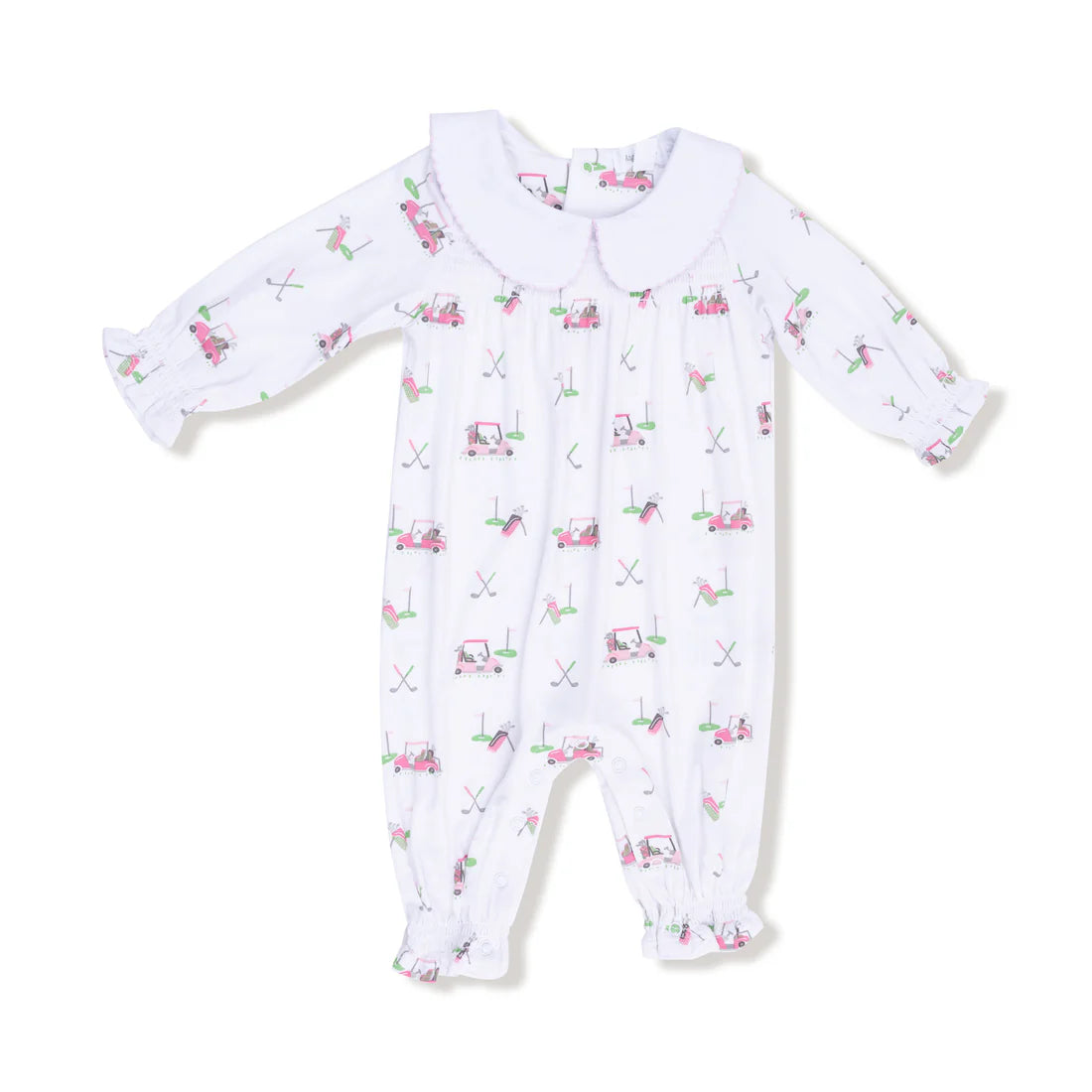 Angel Dear Smocked Long Sleeve Romper with Peter Pan Collar II Baby Golf Carts - Pink