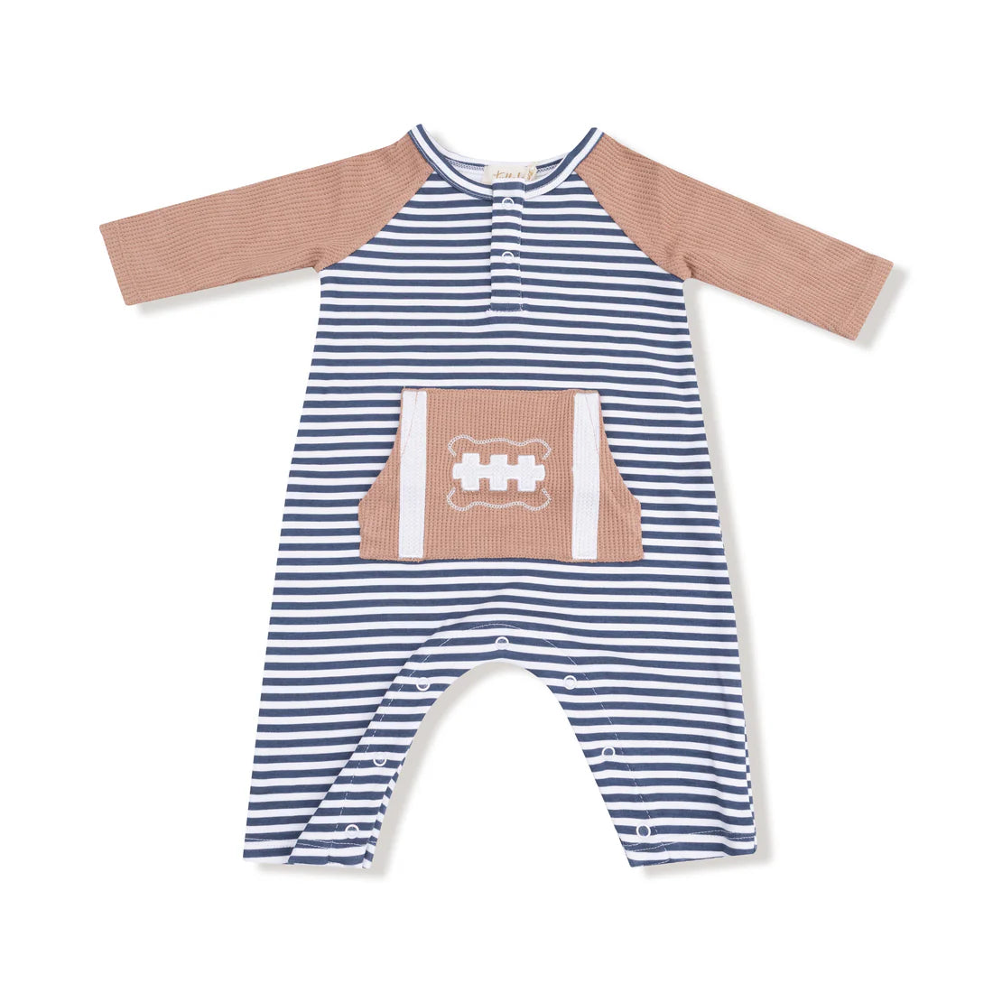 Angel Dear Long Sleeve Raglan Henley Romper II Stripes with Football