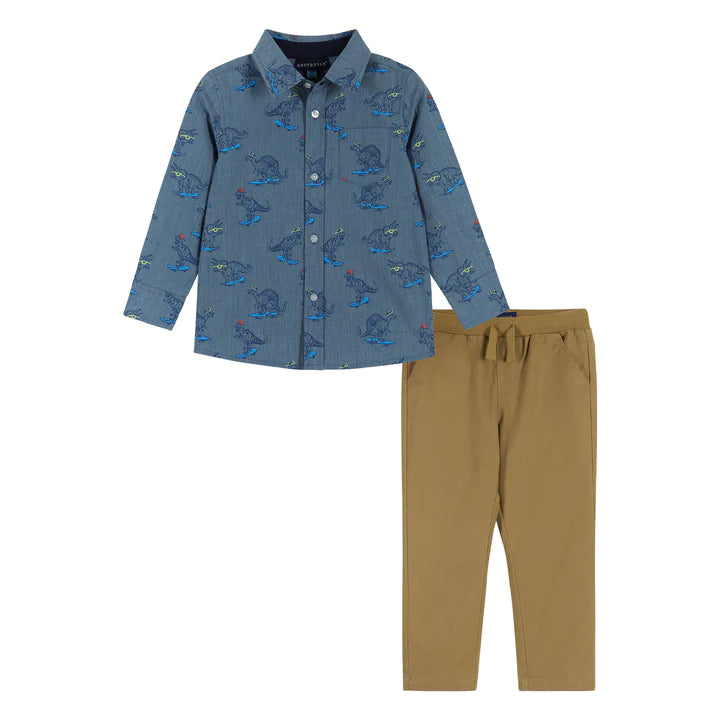 Andy & Evan Skateboarding Dino Chambray Buttondown Set