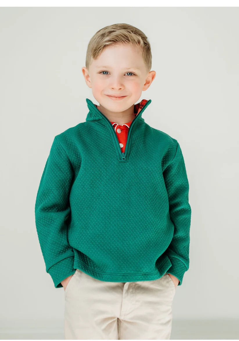 Maddie and Co. Green Quilted Pullover with tartan plain lined collar