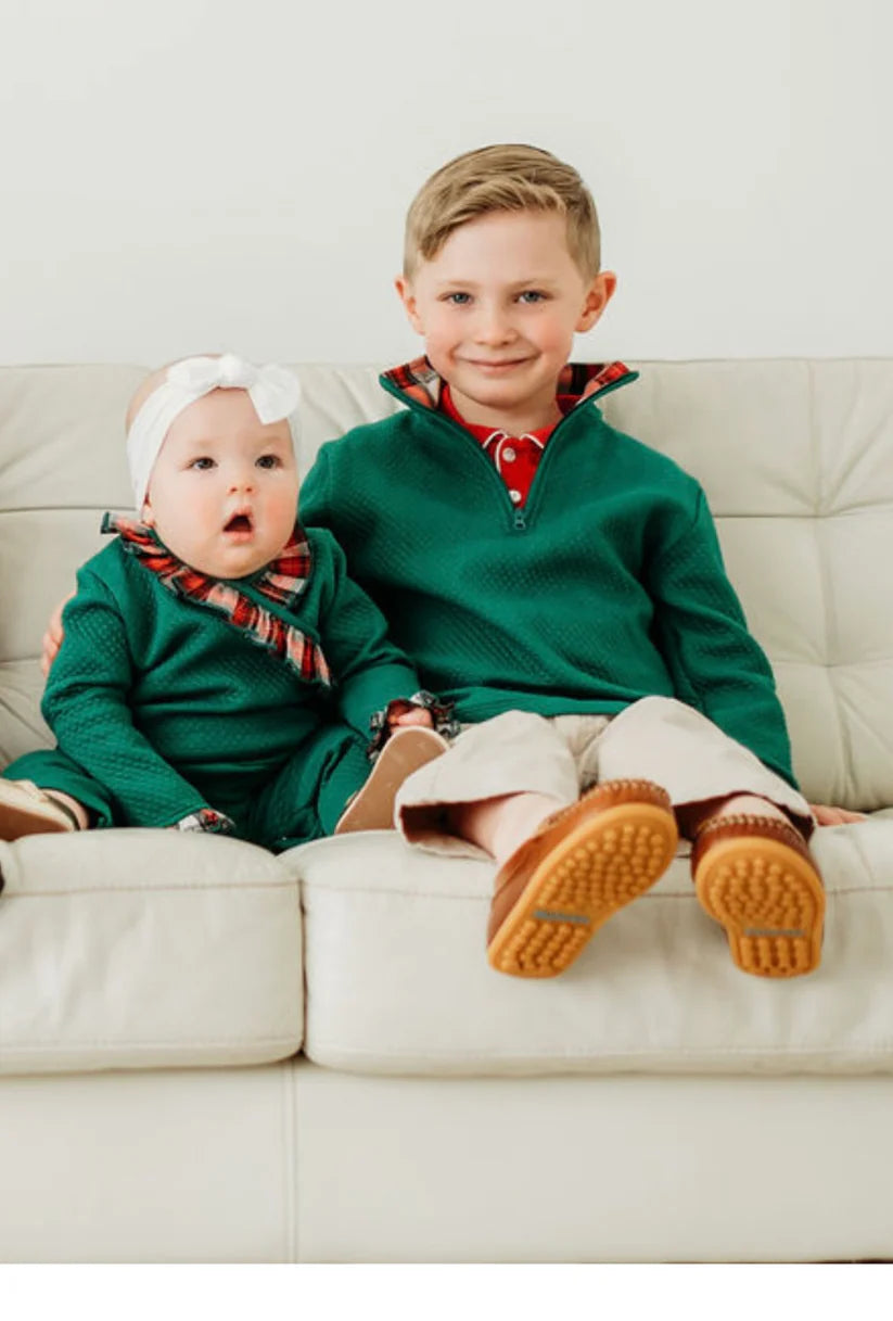 Maddie and Co. Green Quilted Pullover with tartan plain lined collar