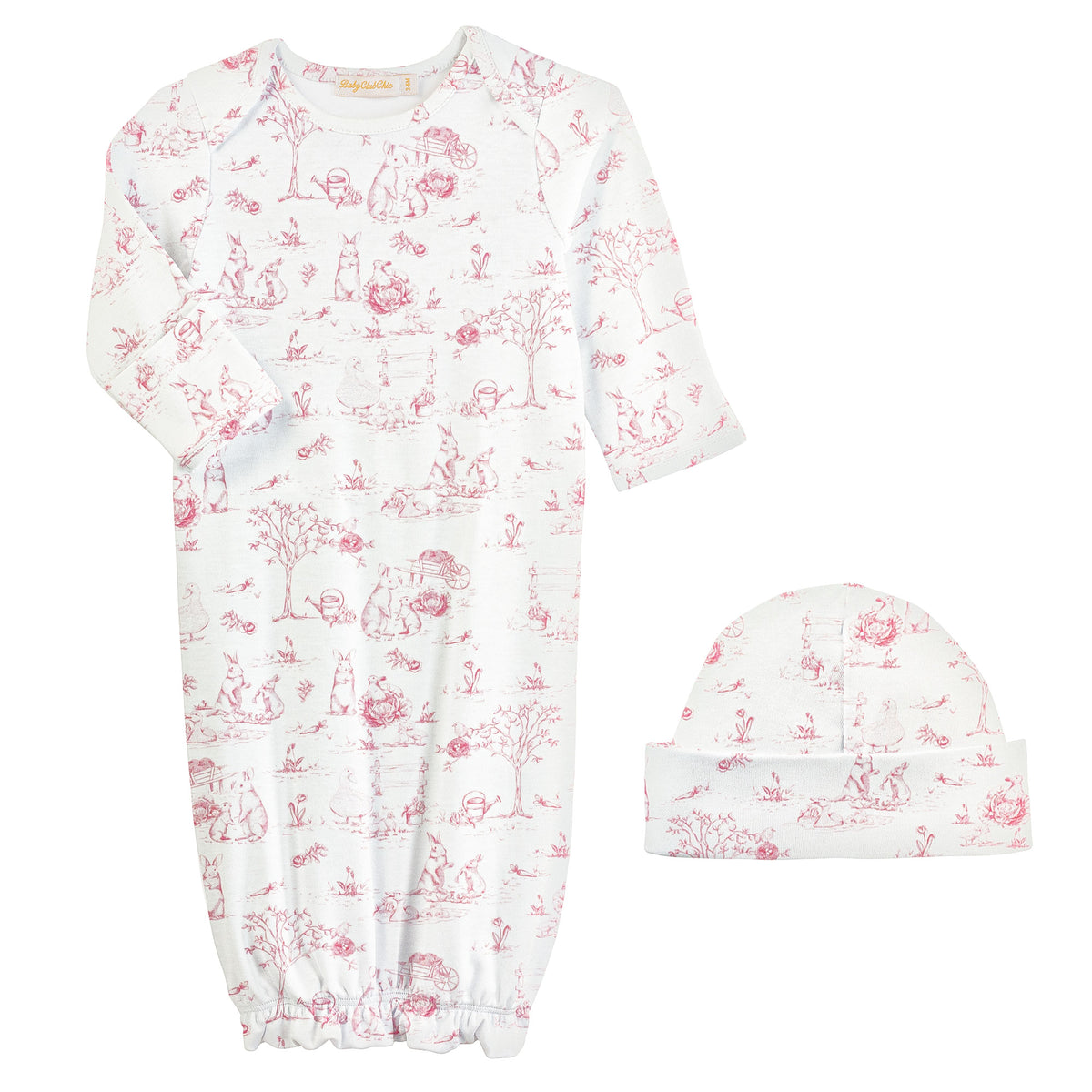 Baby Club Chic Pink Toile Bunnies Printed Gown and Hat