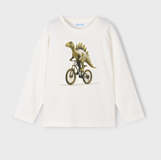 Mayoral Boy Printed Long Sleeve T-Shirt II Cream Dinosaur on Bike