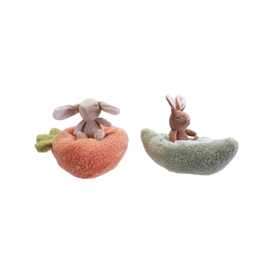 Creative Co-op Plush Animal with Carrot/Pod Shaped Bed