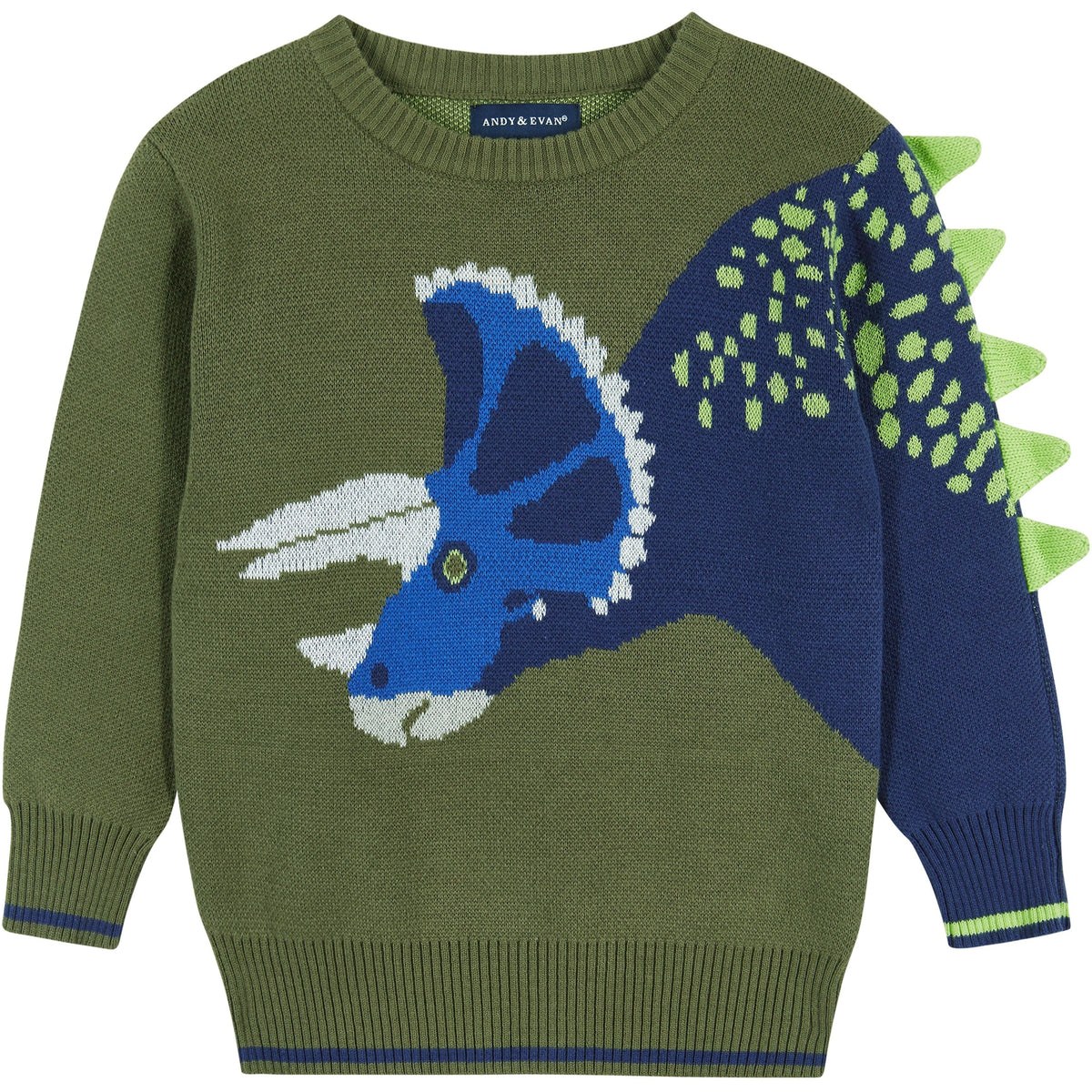 Andy & Evan Olive Triceratops Intarsia Sweater