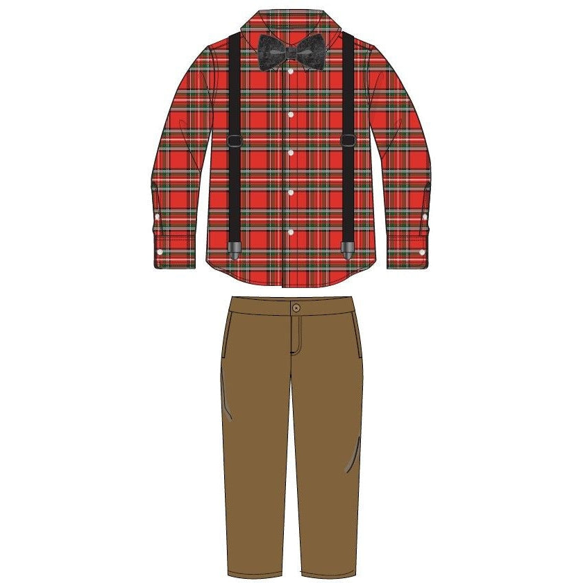 Andy & Evan Red Plaid Flannel Buttondown w/Suspenders Set