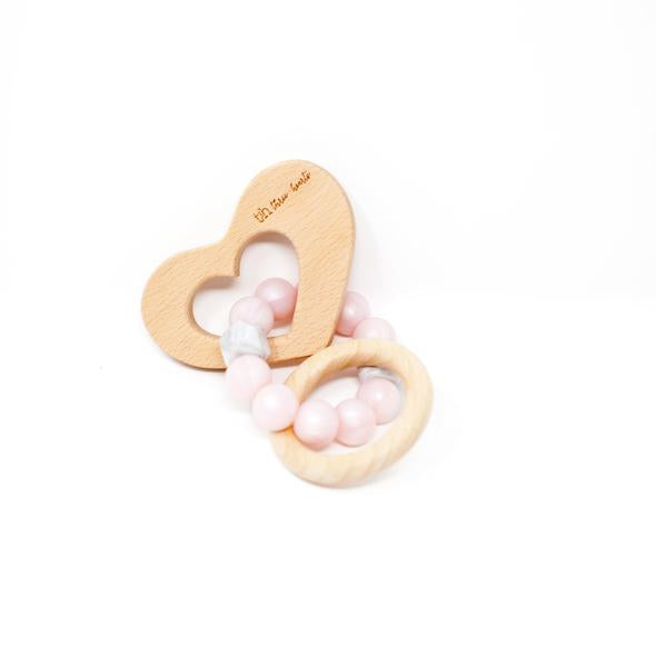 Three Hearts-Heart Rattle - Pearl Pink- Natural Beech Wood