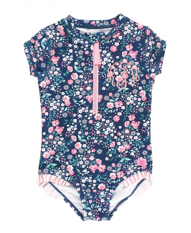 RuffleButts Girls Moonlit Meadow Short Sleeve One Piece Rash Guard