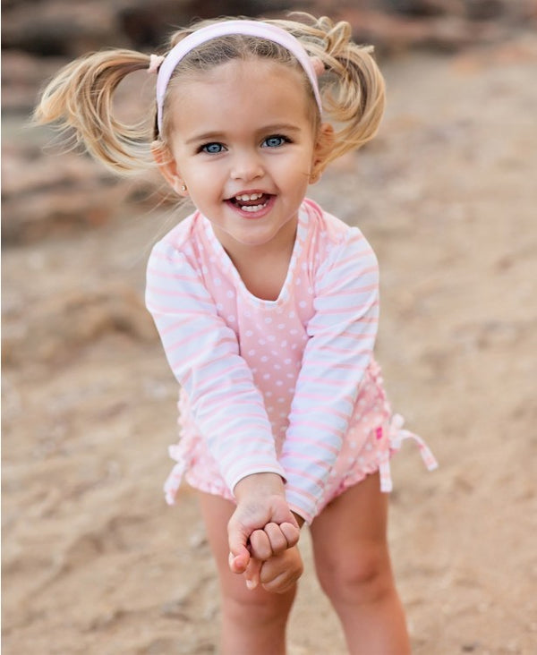 Ruffle Butts One Piece Rash Guard - Pink Polka Dot