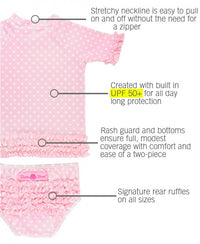 RuffleButts Pink Polka Dot Ruffled Rash Guard Bikini
