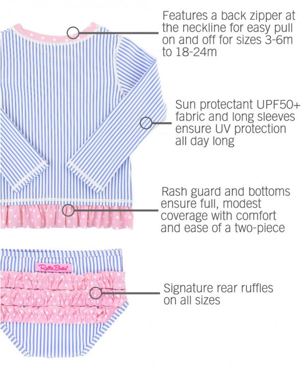 RuffleButts Periwinkle Blue Seersucker Long Sleeve Rash Guard Bikini