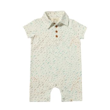 Me & Henry Drift Printed Polo Romper | Tan/Pink Fish