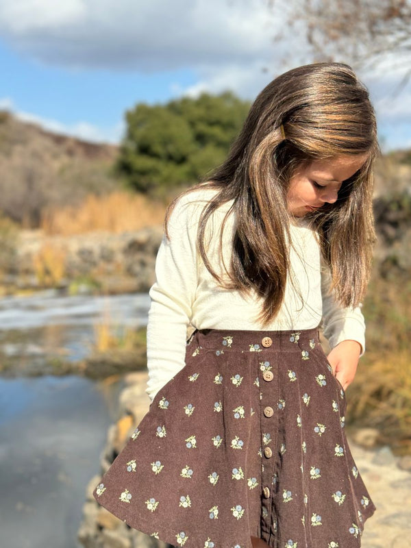Vignette Cara Skirt- Chocolate Floral Corduroy