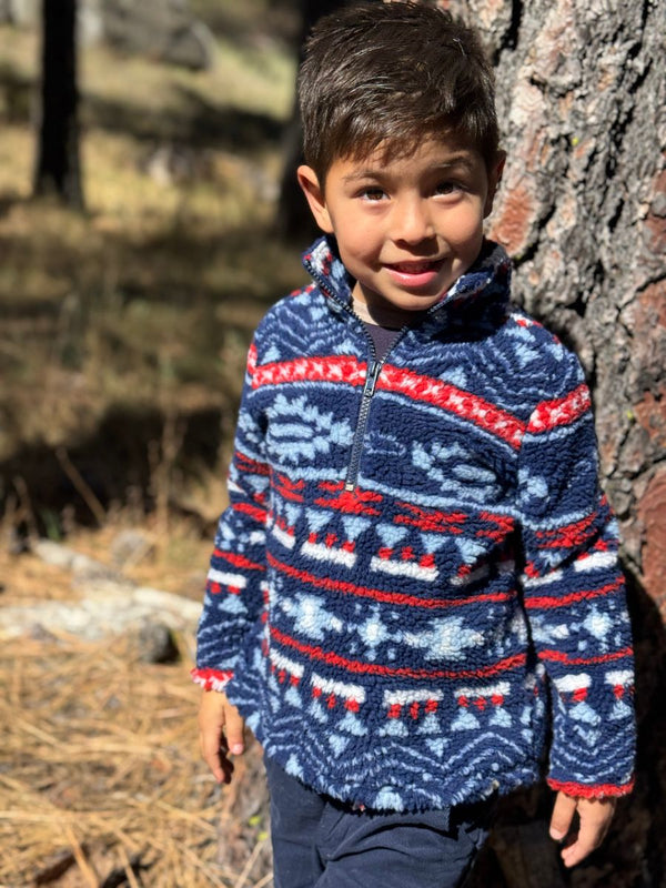 Me & Henry Macchu sherpa 3/4 zip- blue and red multi print