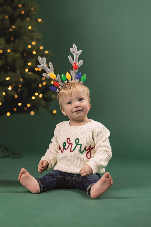 Mudpie Cream Sweater with Merry in Chainstitch Embroidery