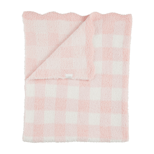 Mud Pie Pink Gingham Chenille Blanket with Scalloped Edged
