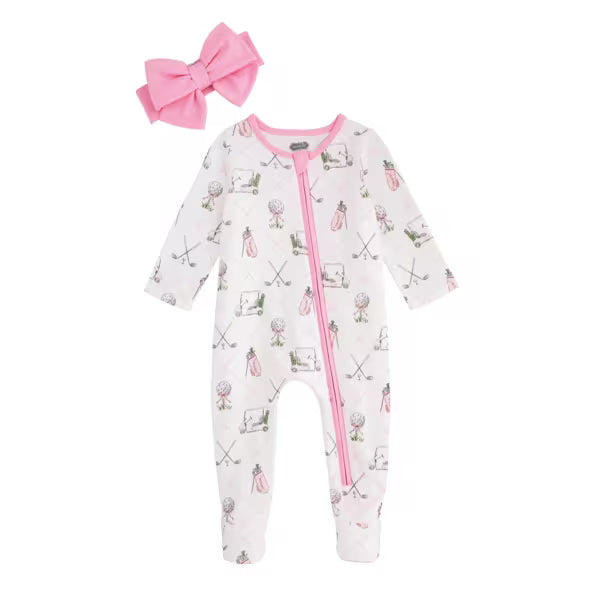 Mud Pie Pink Golf Baby Sleeper and Headband Set