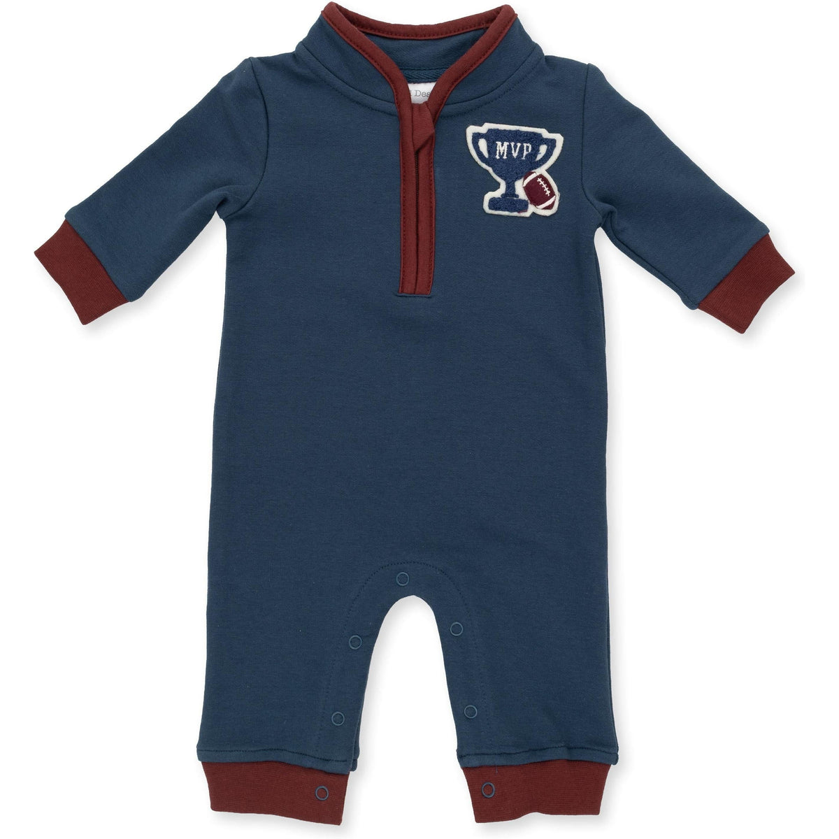 Angel Dear Varsity French Terry Zip Neck Romper