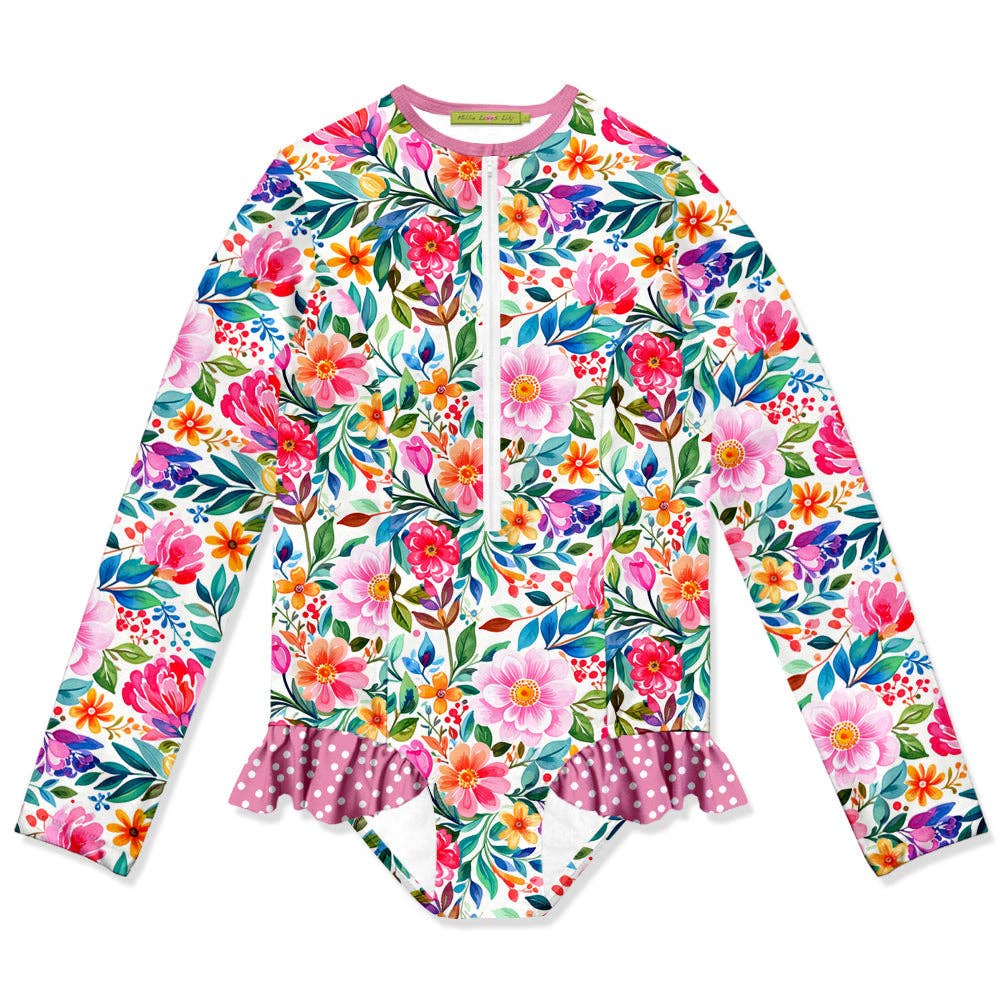 Millie Loves Lily - Kids White Becky Floral Ruffle-Accent One-Piece Rashguard