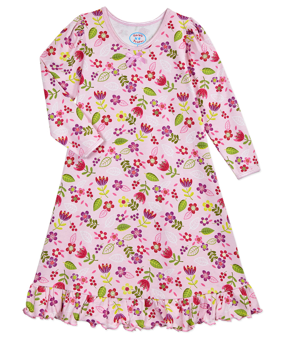 Sara's Prints Long Sleeve Whirl and Twirl Nightgown Pink Flowers