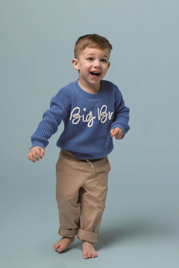 Mudpie Cotton Blue Sweater with Big Bro Chainstitching