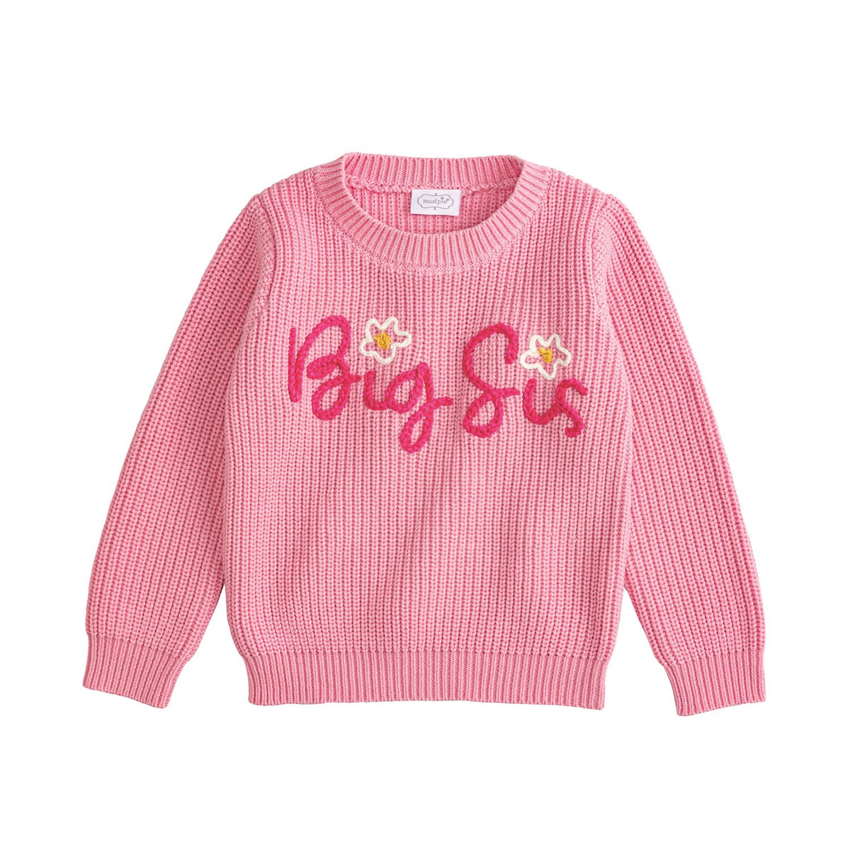 Mud Pie Pink Knit Big Sis Sweater with ChainStitching