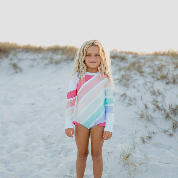 Oopsie Daisy - Kids Pastel Rainbow Stripe Zip Rash Guard One Piece Swimsuit