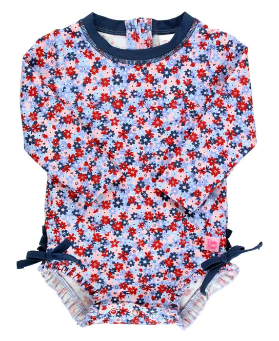 Ruffle Butts Red White and Bloom Long Sleeve One Piece Rash Guard