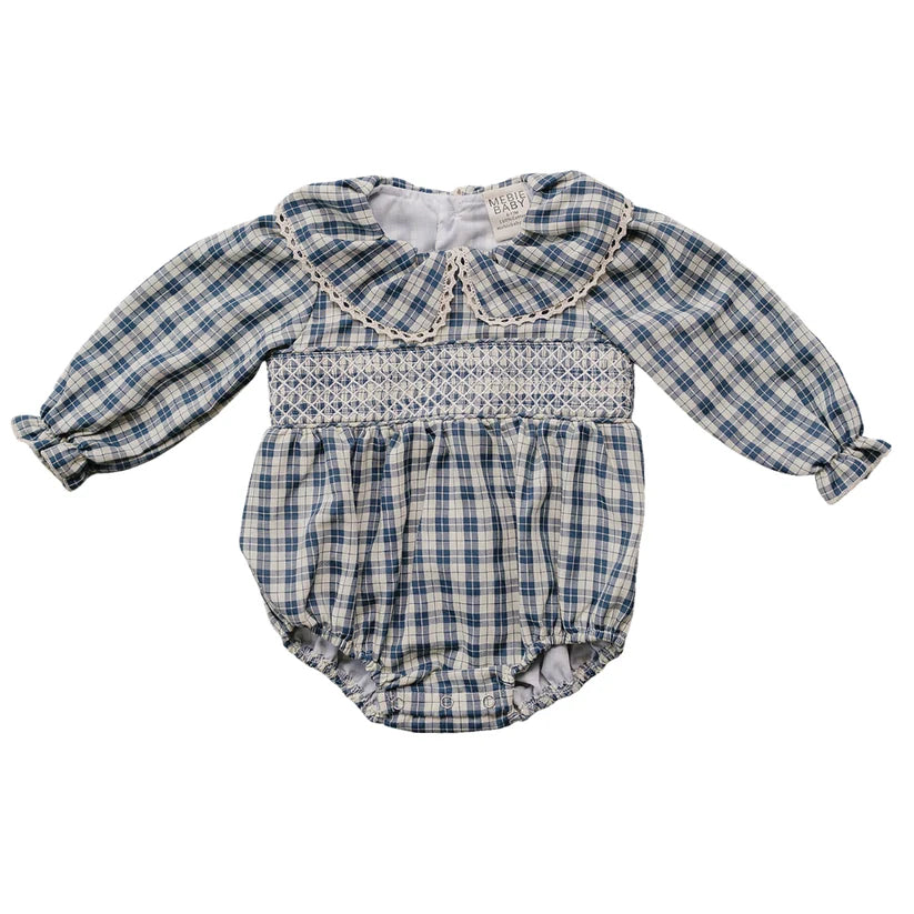 Mebie Baby Blue Plaid Ruffle Collar Bubble Romper