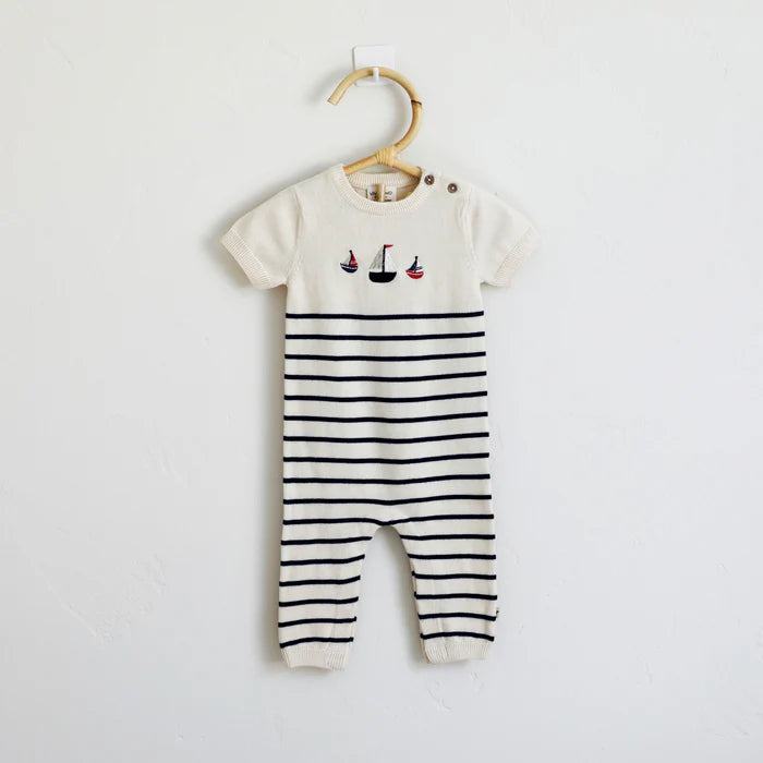 Viverano Organics Sailboat Embroidered Knit Short Sleeve Baby Jumpsuit