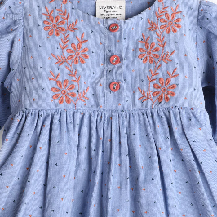 Viverano Embroidered Corduroy Tie Baby Dress & Fancy Bloomer Set (Organic)