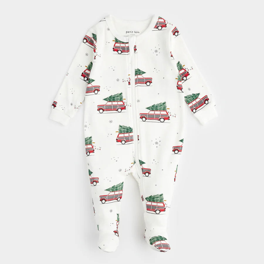 Petit Lem Festive Cars Print On Off-White Sleeper | Off-White