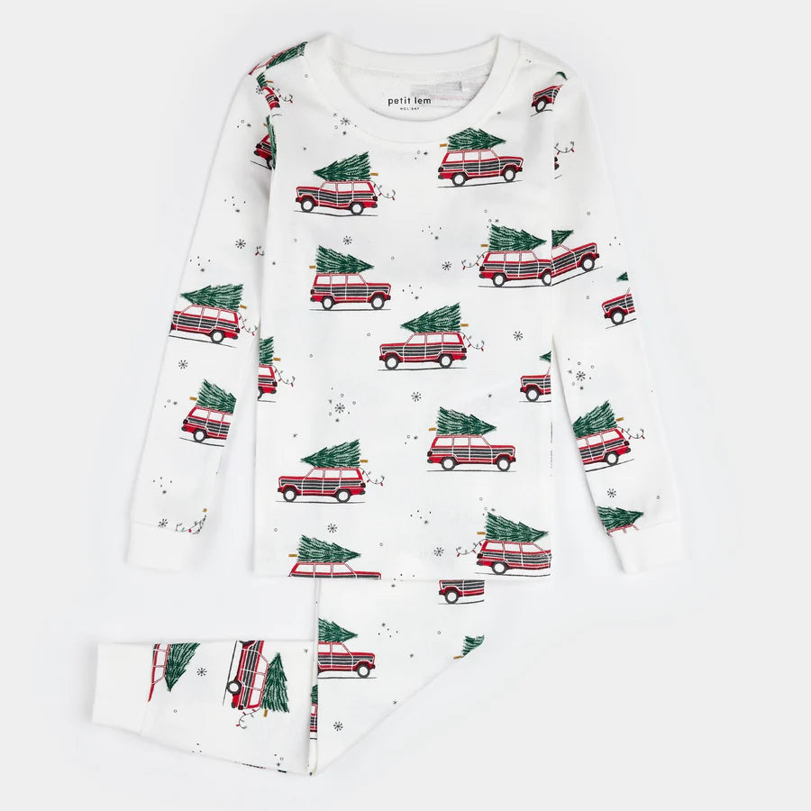 Petit Lem Festive Cars On Off-White Pj Set | Off-White