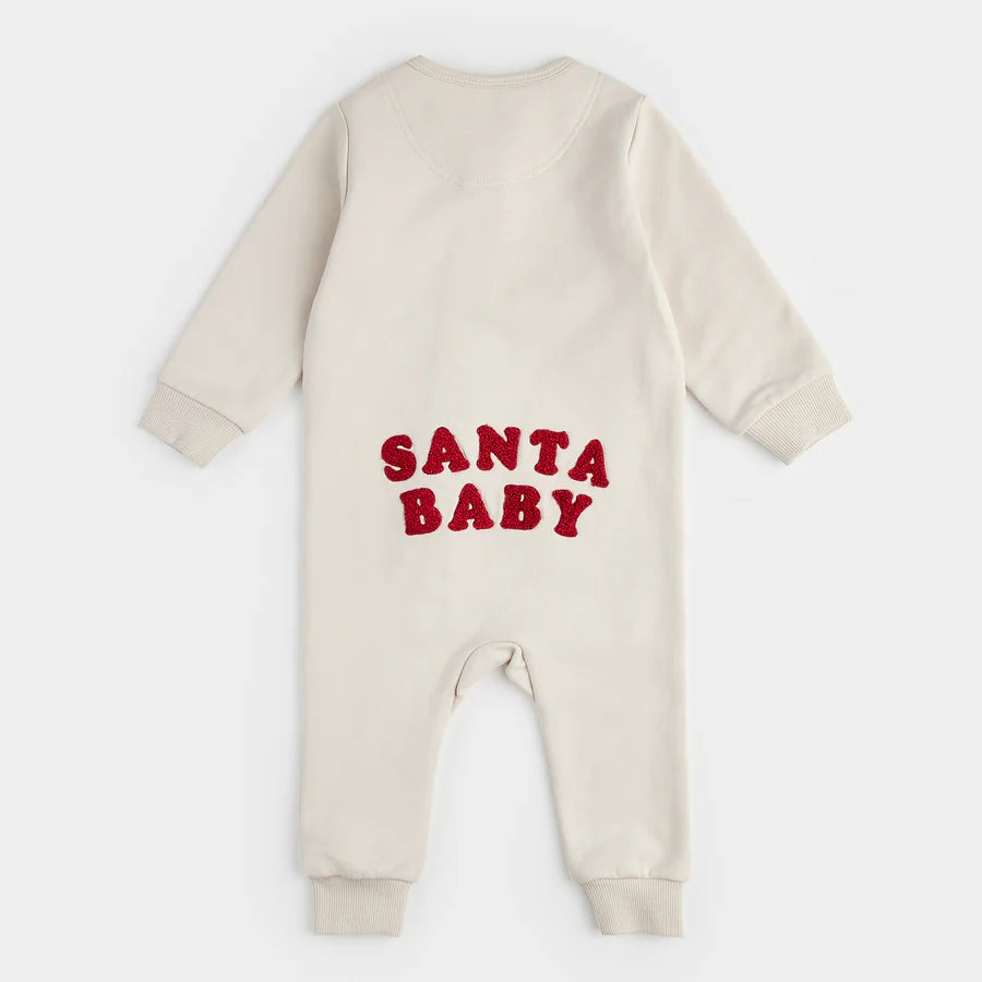 Petit Lem Santa Baby On Crème Fleece Playsuit | Beige