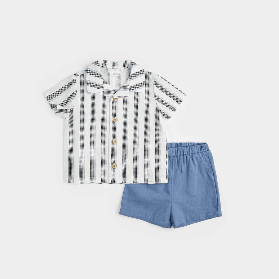 Petit Lem Dress Blue Striped Crosshatch Linen Set