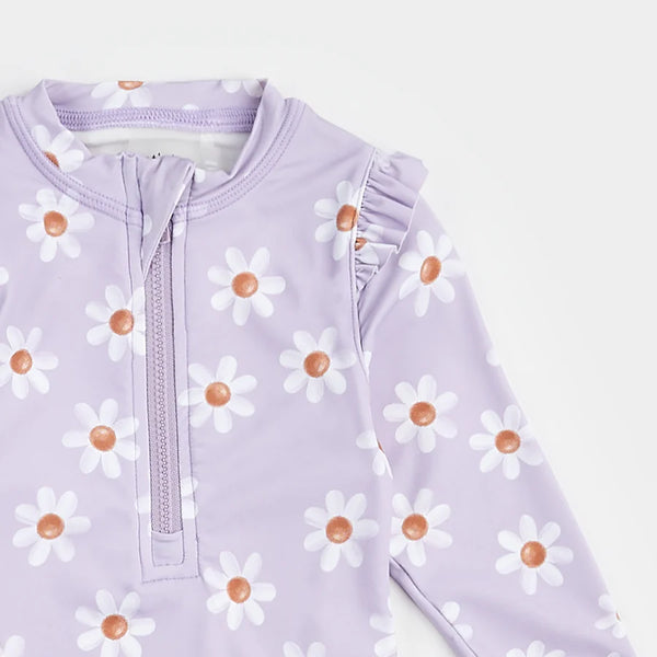Petit Lem Daisy Print On Lavender Long-Sleeve Swimsuit