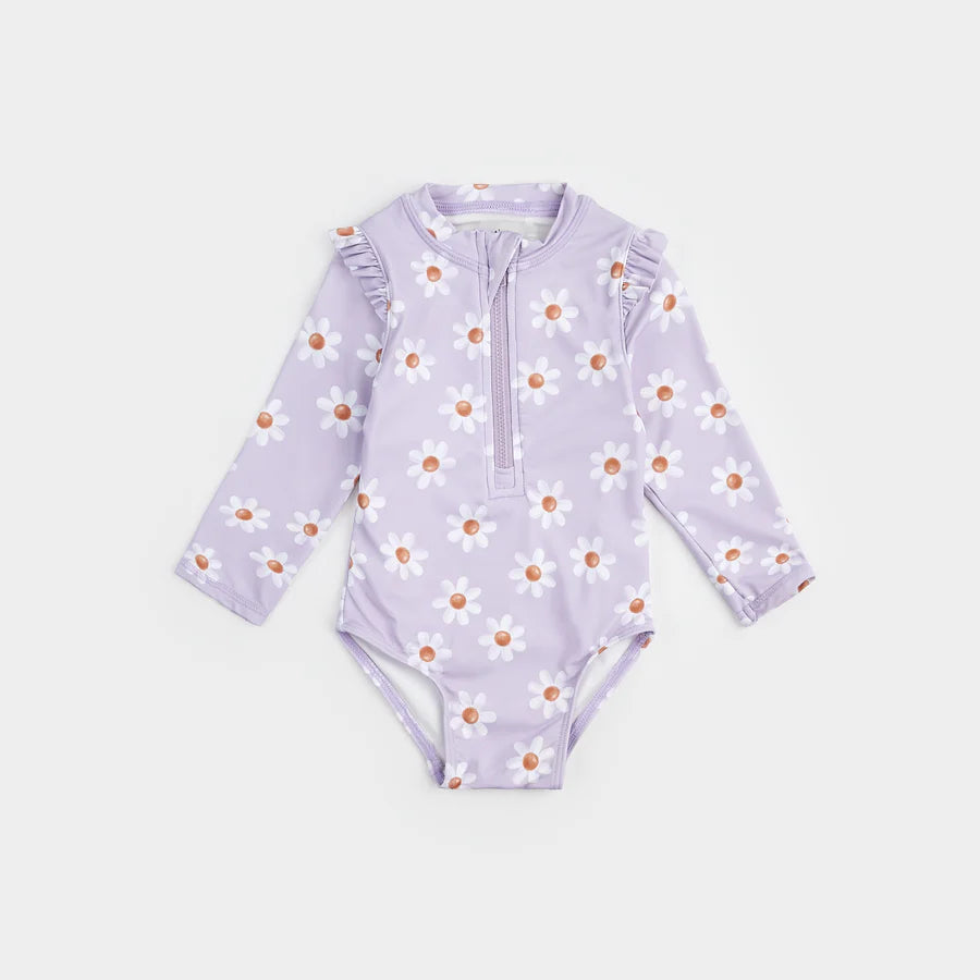 Petit Lem Daisy Print On Lavender Long-Sleeve Swimsuit