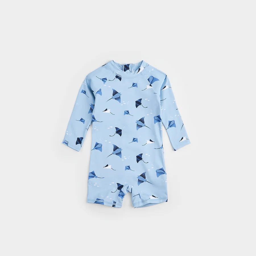 Petit Lem Stingray Print On Sky Blue Long-sleeve Swim Romper