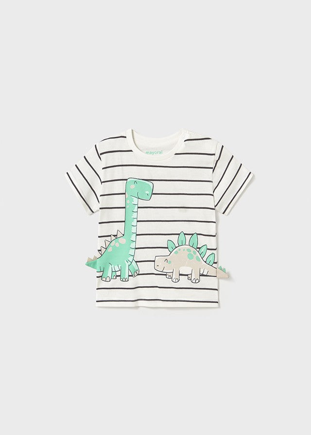 Mayoral White and Navy Striped Shirt  Short Sleeve Shirt with Dinosaurs