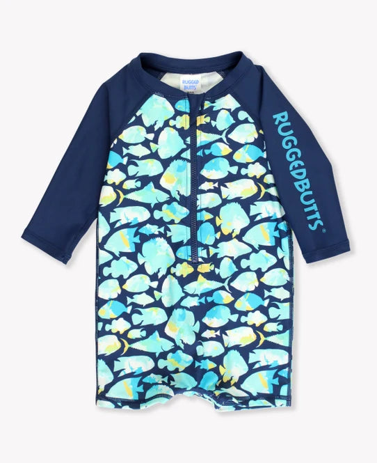 Rugged Butts Boy's Long Sleeve One Piece Rashguard- Fish Friends