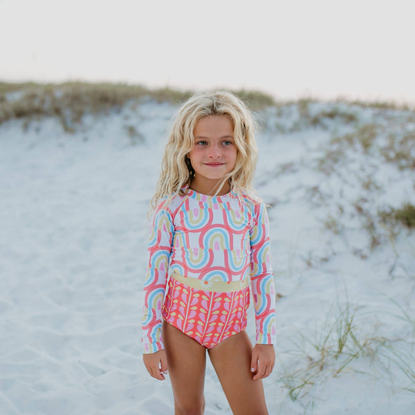 Oopsie Daisy - Kids Coral Rainbow Row Zip Rash Guard One Piece Swimsuit