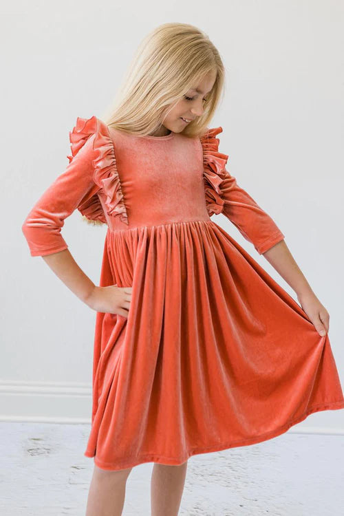Mila and Rose Terracotta Velvet Ruffle Twirl Dress