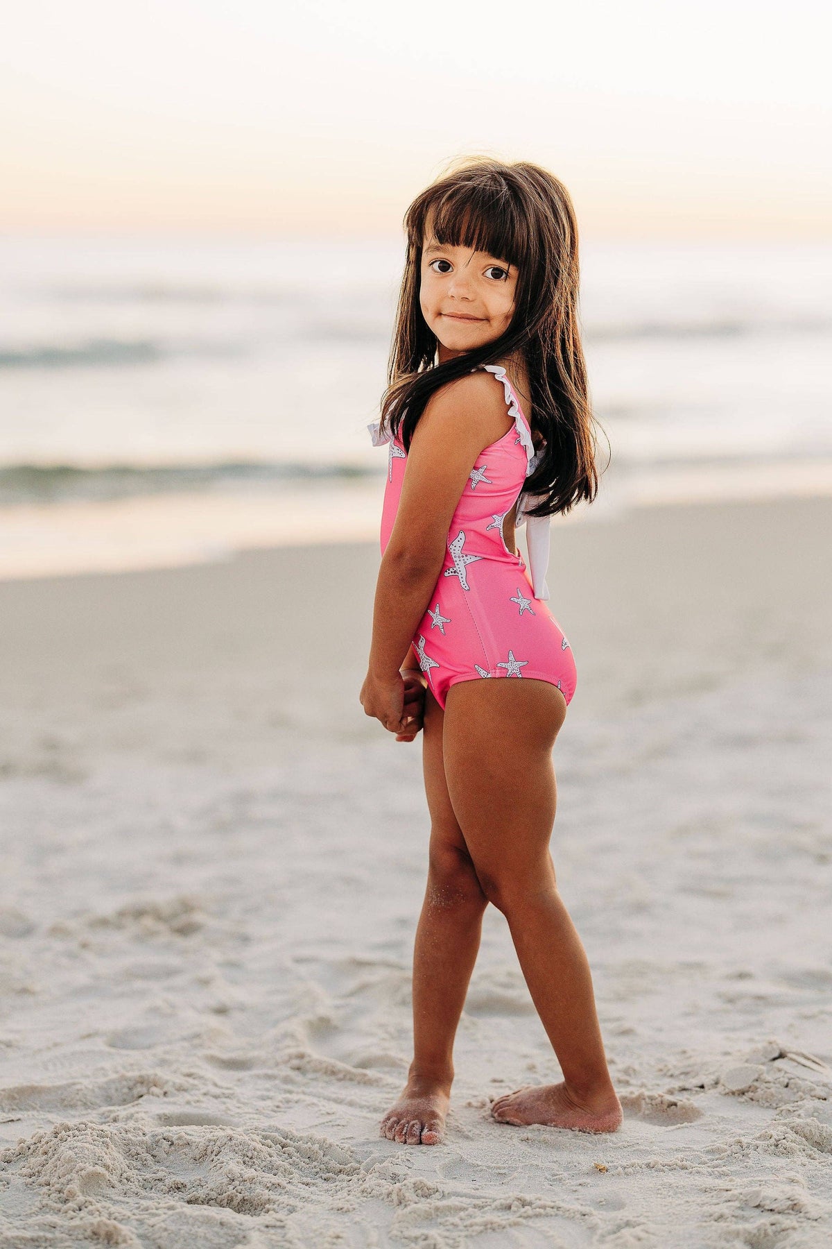 Sugar Bee Clothing - Girls Swimsuit - Bow Back - Pink Starfish