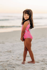 Sugar Bee Clothing - Girls Swimsuit - Bow Back - Pink Starfish