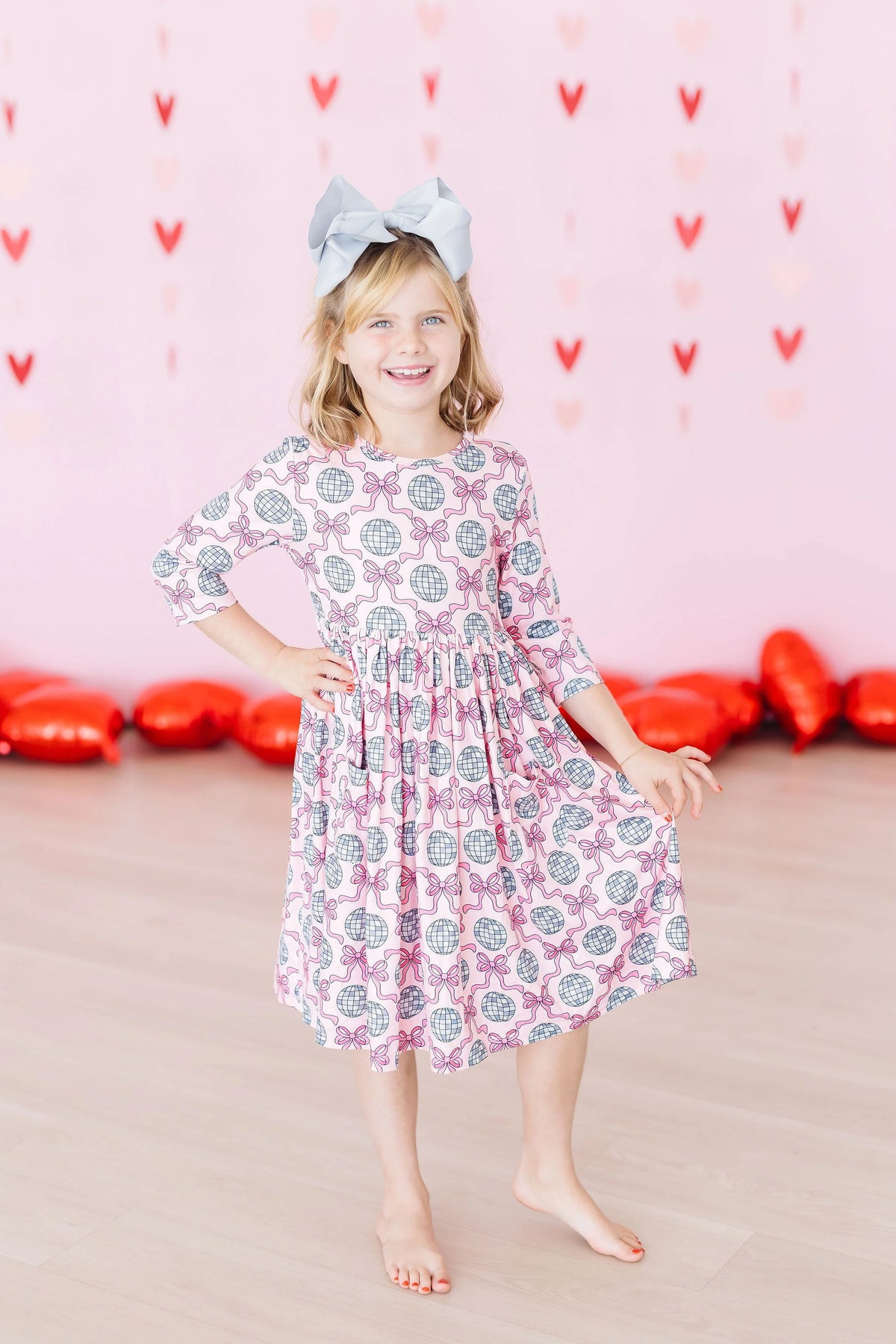 Mila & Rose Disco Bows3/4 Sleeve Pocket Twirl Dress