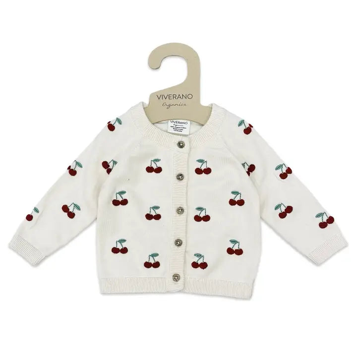 Viverano Organics Cherry Embroidered Sweater Knit Baby Cardigan