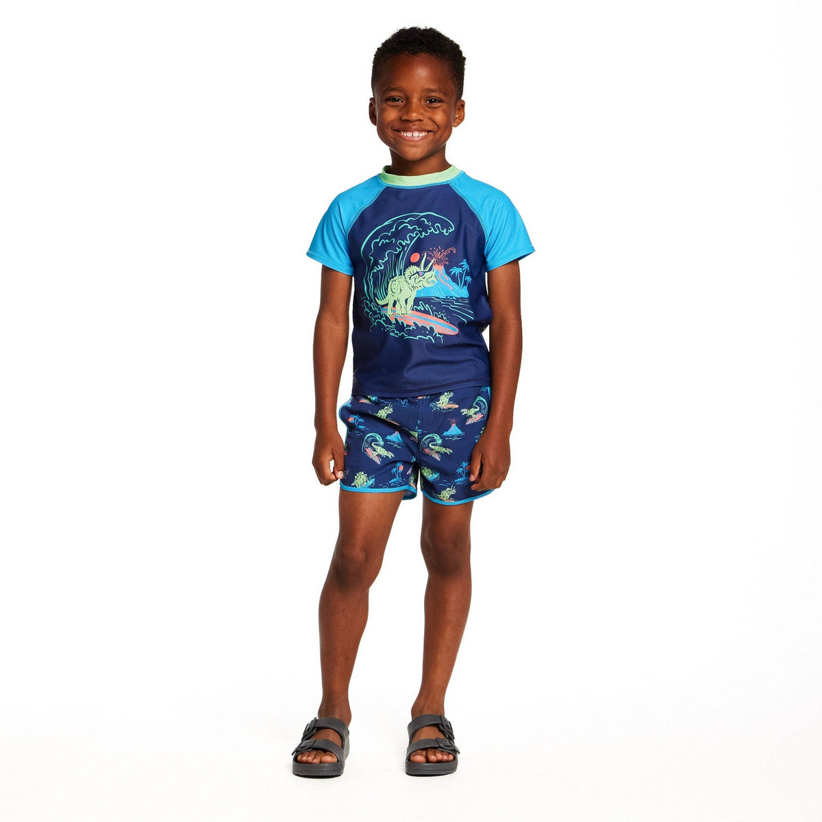 Andy & Evan - Boys Short Sleeve Rashguard Set | Navy Dino