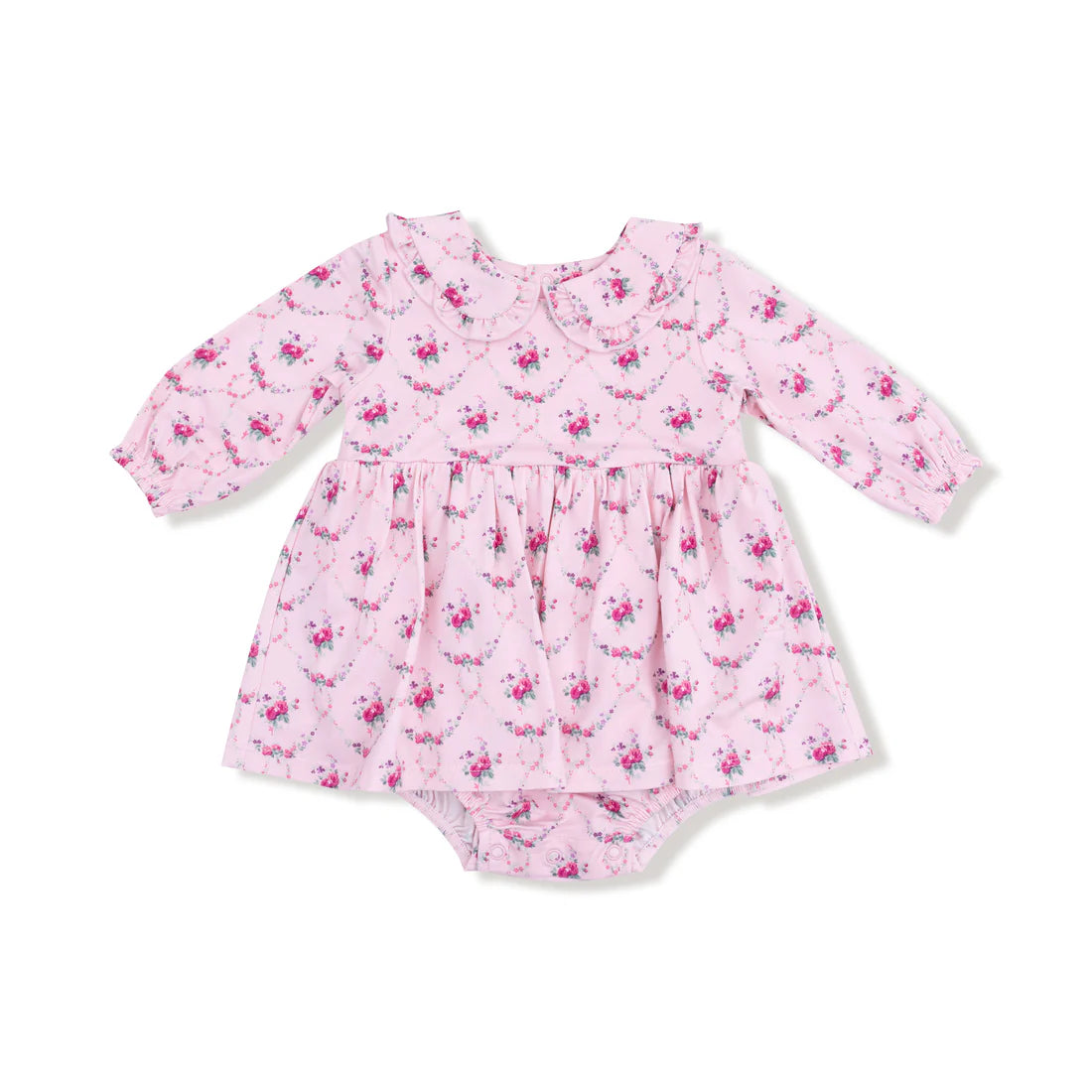 Angel Dear Long Sleeve Peter Pan Ruffle Collar Bubble with Skirt II Rose Garden Trellis